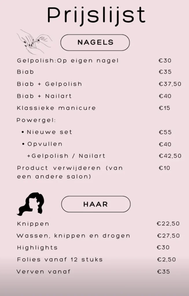 Prijslijst voor nagel- en haarbehandelingen bij Jantje's Salon
