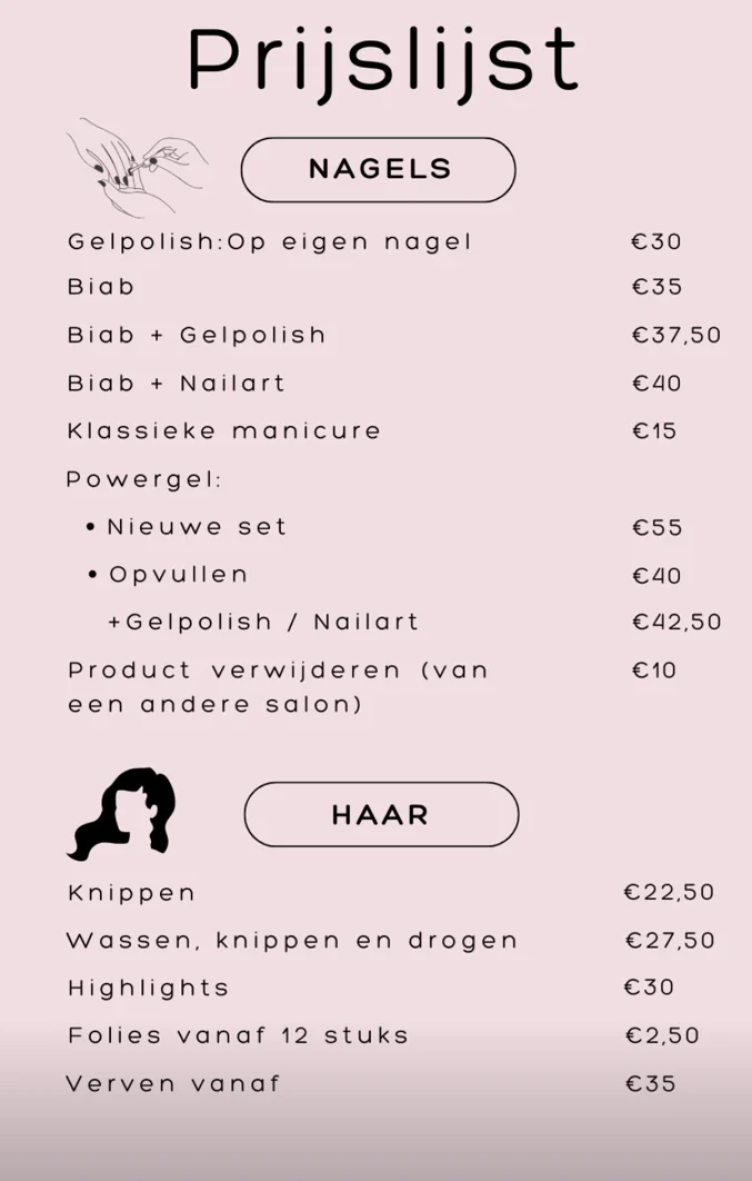 Prijslijst voor nagel- en haarbehandelingen bij Jantje's Salon